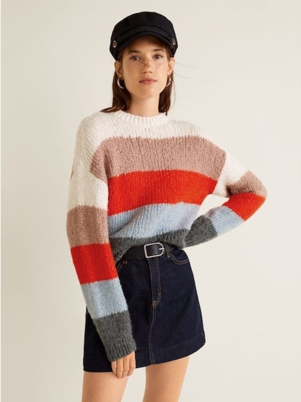Mango Multicolor Striped Crewneck Sweater — White, Red, Light Blue, Gray, Tan